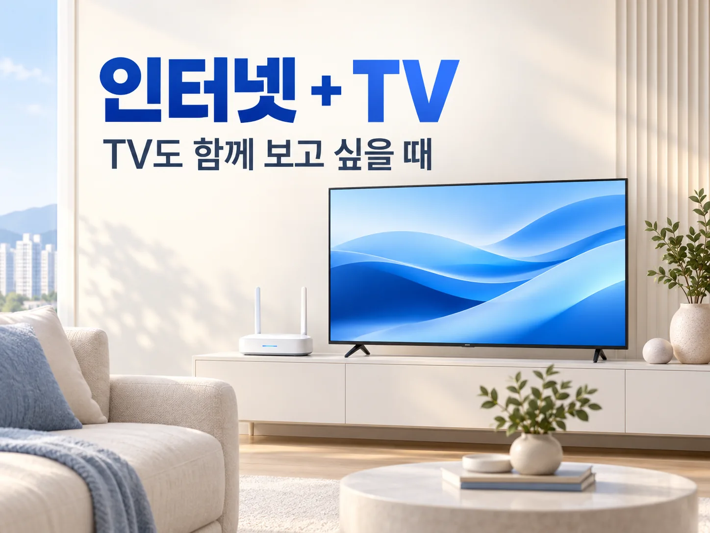 인터넷 + TV. TV도 함께 보고 싶을 때. TV와 공유기가 있는 거실 이미지.